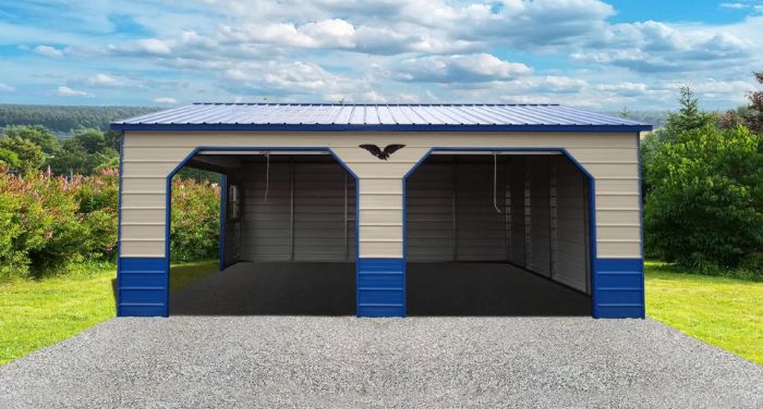A Metal Garage with two doors and a blue roof, offered by Bargain Metal Buildings.