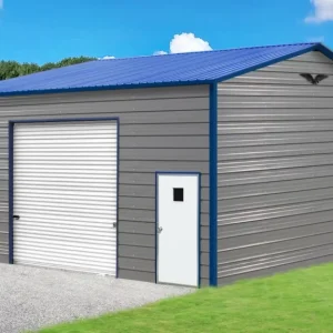 A 24X25X12 Vertical Roof Metal Garage with a blue door.