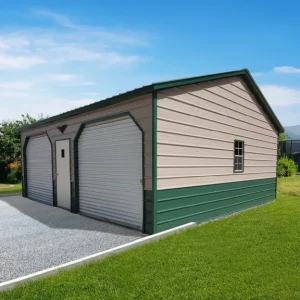A 24X25X9 Vertical Roof Metal Garage with green siding and a green roof.