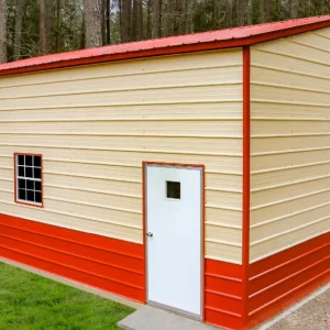 A red and orange 24X30X12 Vertical Roof Metal Garage in the woods.