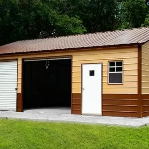 A 24X30X9 Vertical Roof with Vertical Side Entry Metal Garage with a vertical side entry door.