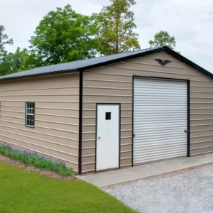 A 24X35X10 Vertical Roof Metal Garage with a garage door.
