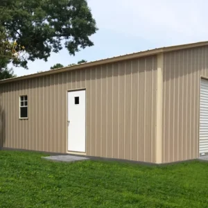 A 24X40X9 Vertical Roof Metal Garage with a garage door and a vertical roof.