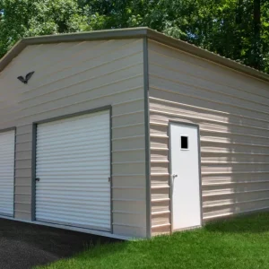 A 26X25X12 Vertical Roof Metal Garage with two garage doors.
