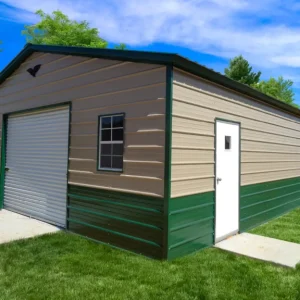 A 26X55X9 Vertical Roof Metal Garage with a door.