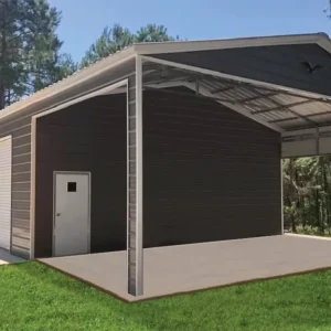 A 26X65X12 Vertical Roof Metal Garage with a garage door.