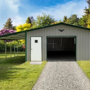 A 28X25X9/6 Vertical Roof Metal Garage With 8' Wide Lean-To with a door in the backyard.