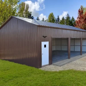 A 28X40X11 Vertical Roof Metal Garage in the middle of a grassy field.