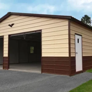 A 28X40X9 Vertical Roof Metal Garage with two doors.