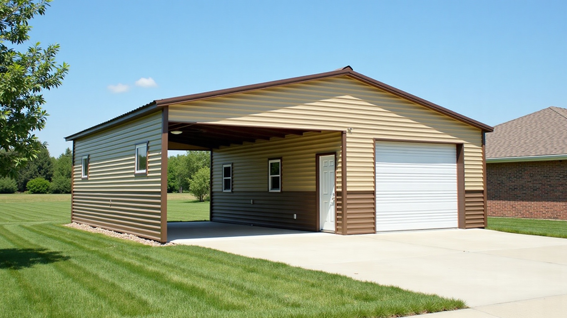 Custom two-tone enclosed metal carport with a roll-up garage door, walk-in door and windows