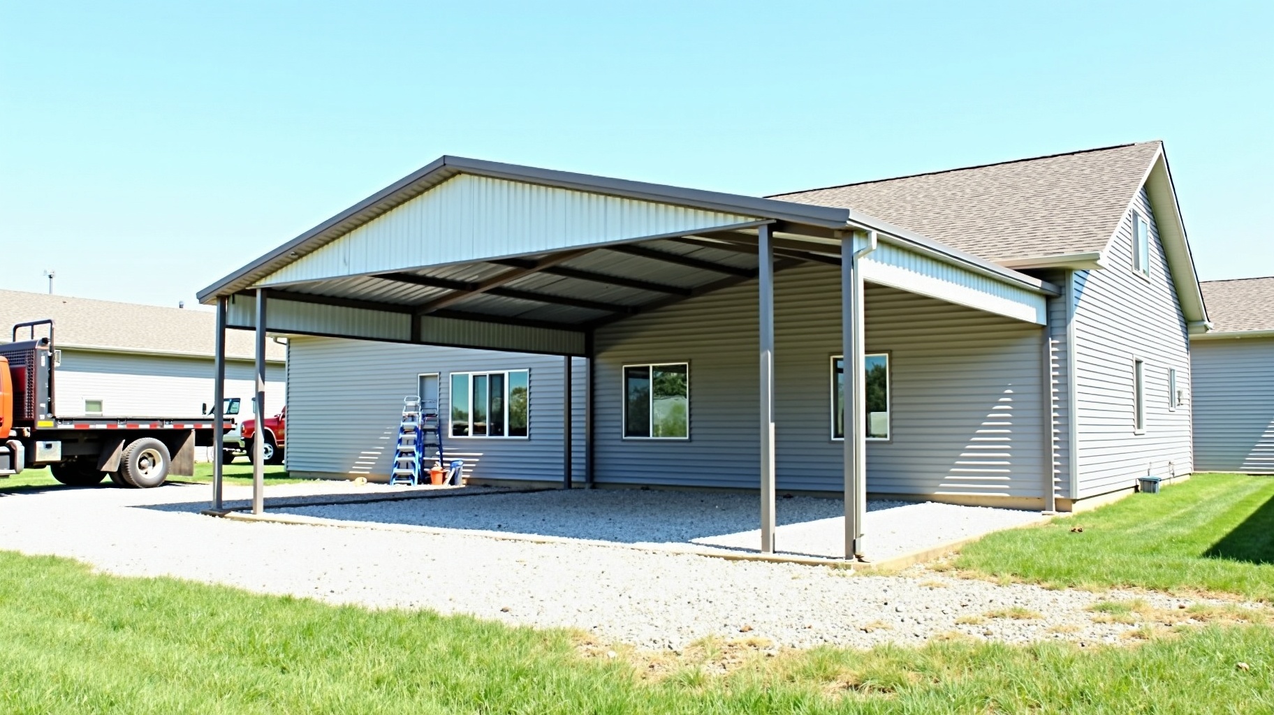 A completed all-steel enclosed carport freshly installed on a gravel pad