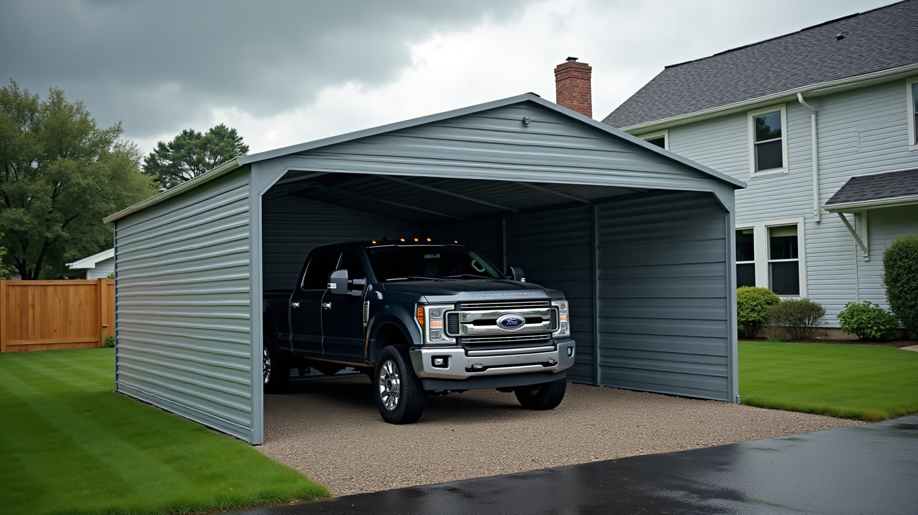 Enclosed steel carport with full wall panels sheltering a truck from a passing storm
