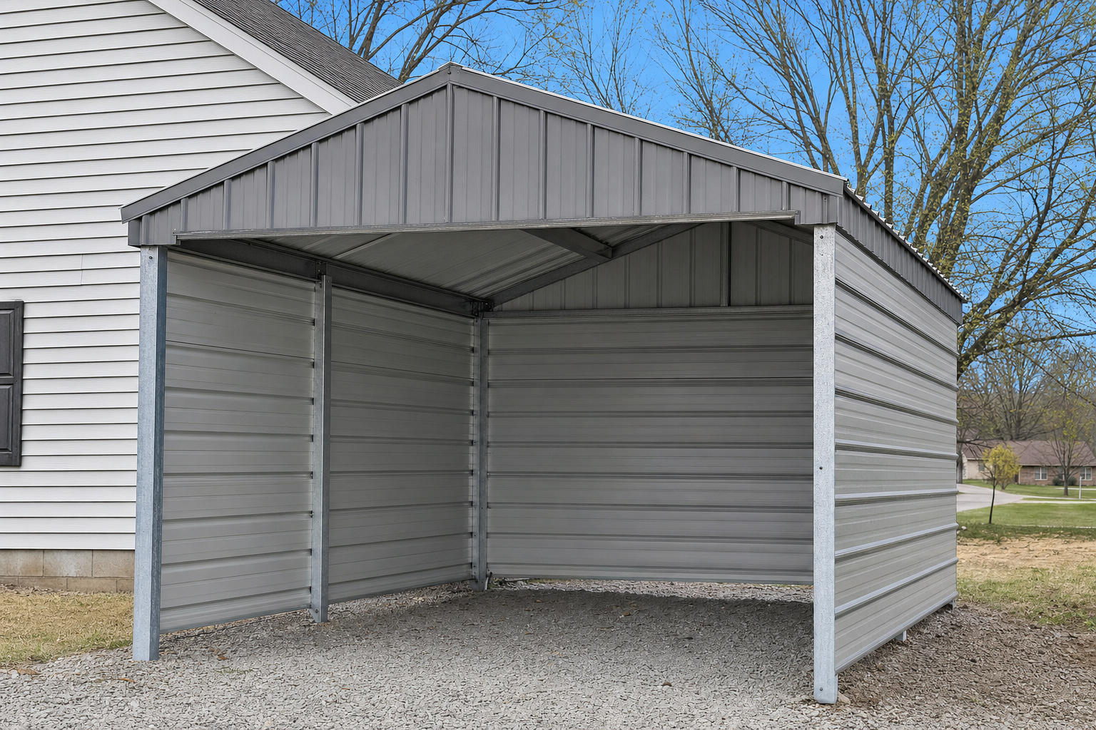 Open-front gray metal carport shelter on gravel driveway