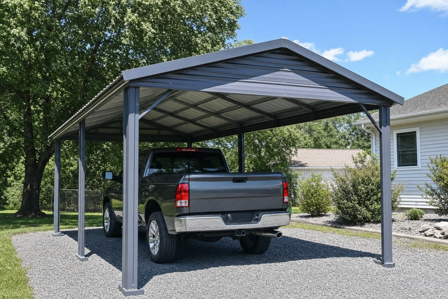 Gray metal carport sheltering a dark pickup truck on gravel