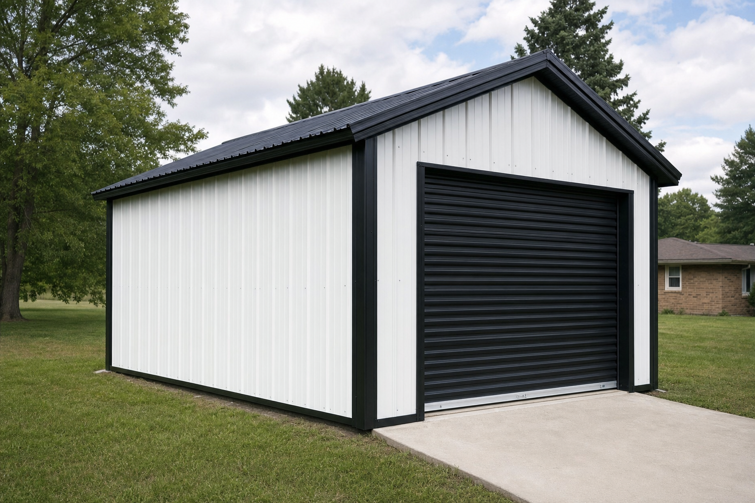Modern white and black metal garage with roll-up door