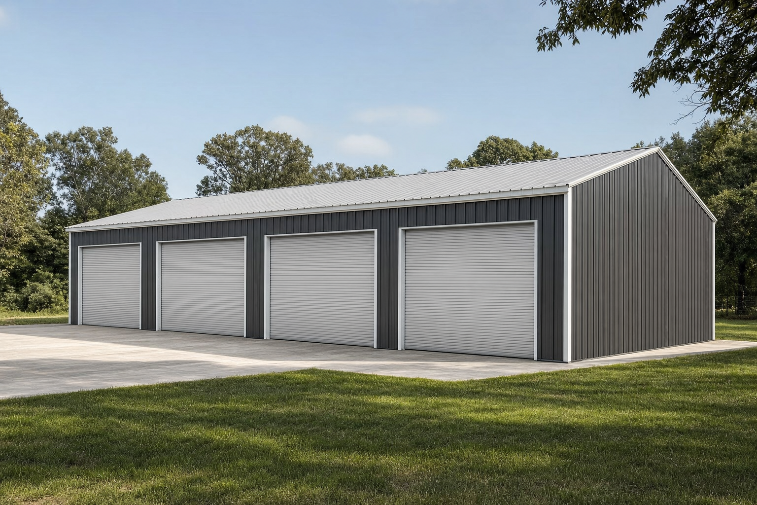 Large dark gray metal building with four garage doors