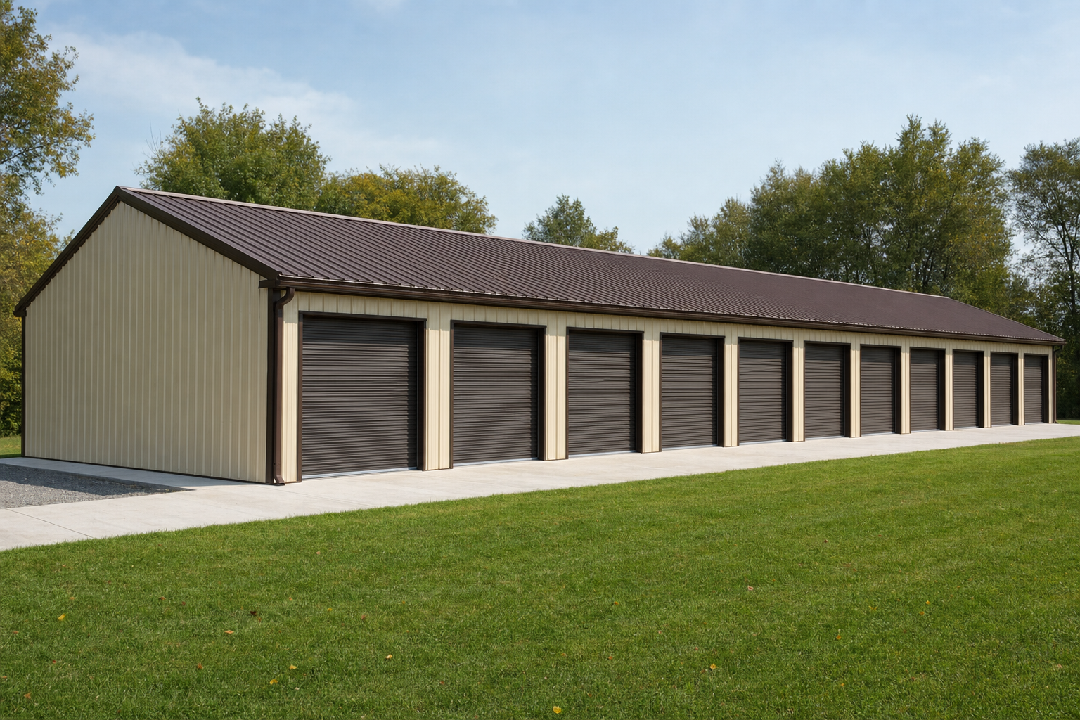 Large metal self-storage facility with multiple roll-up doors