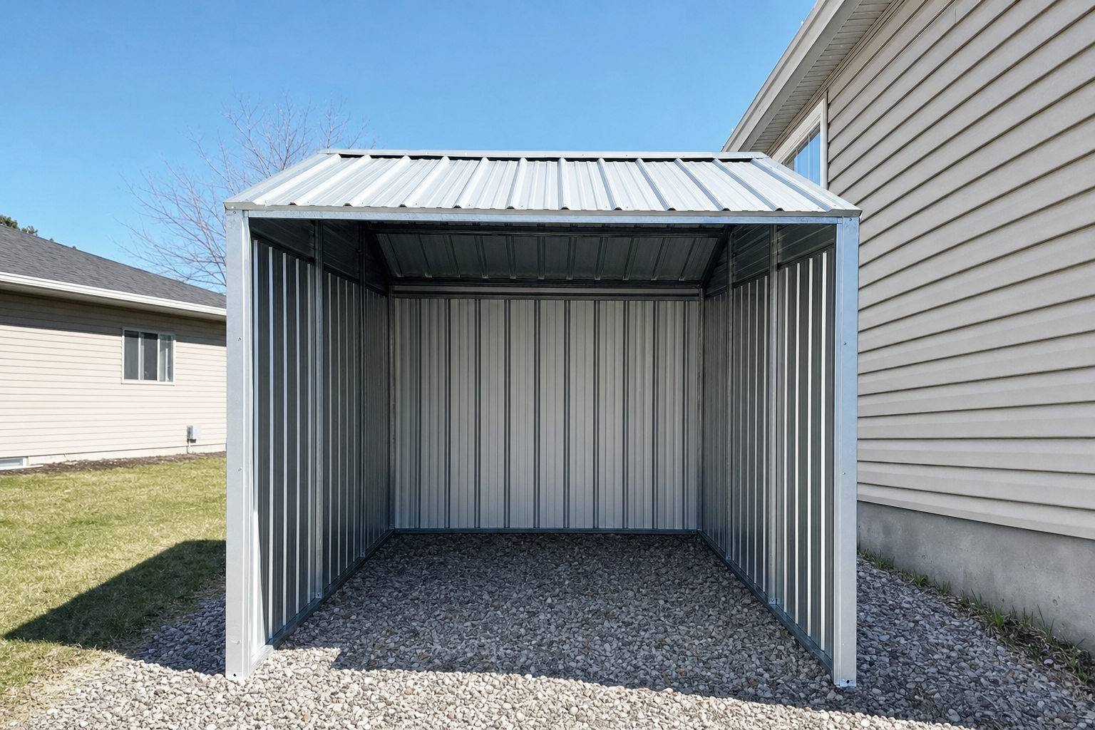 Open-front metal storage shed on gravel beside a house