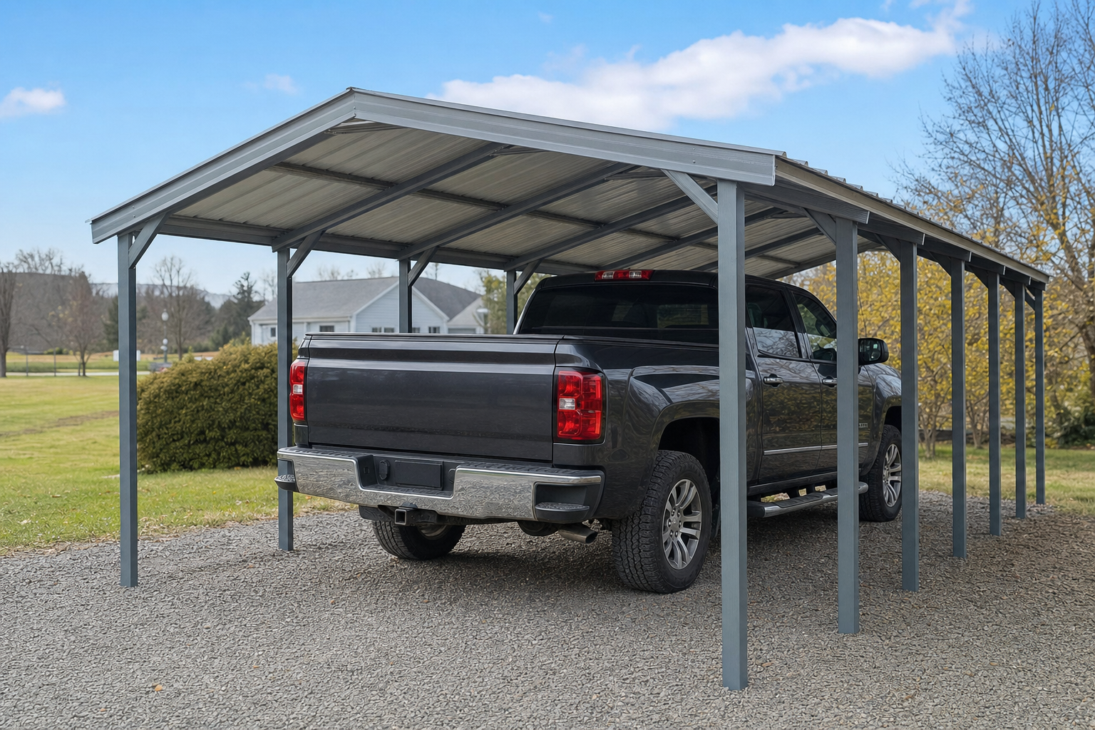 Black pickup truck parked under metal carport structure