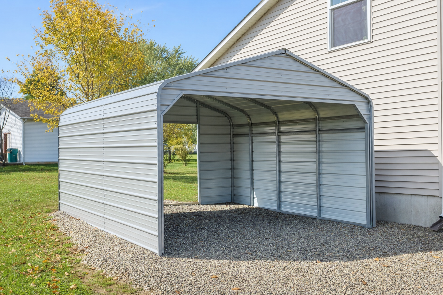 White metal carport beside a residential house on gravel