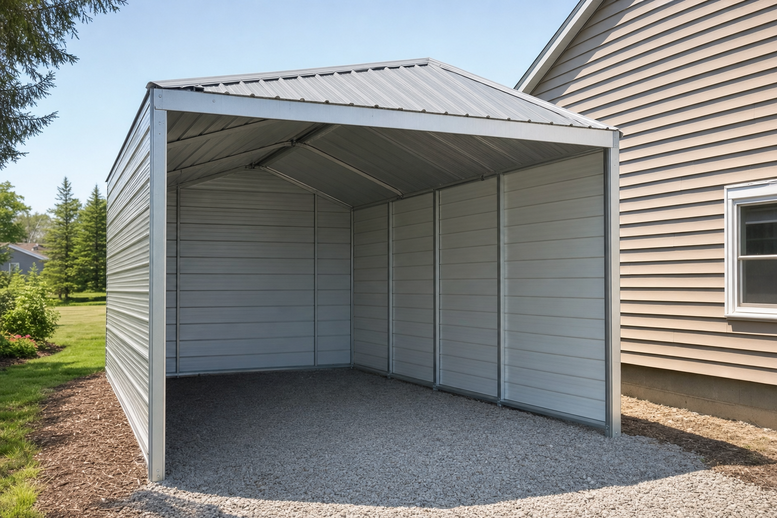 Open metal carport shelter next to residential home