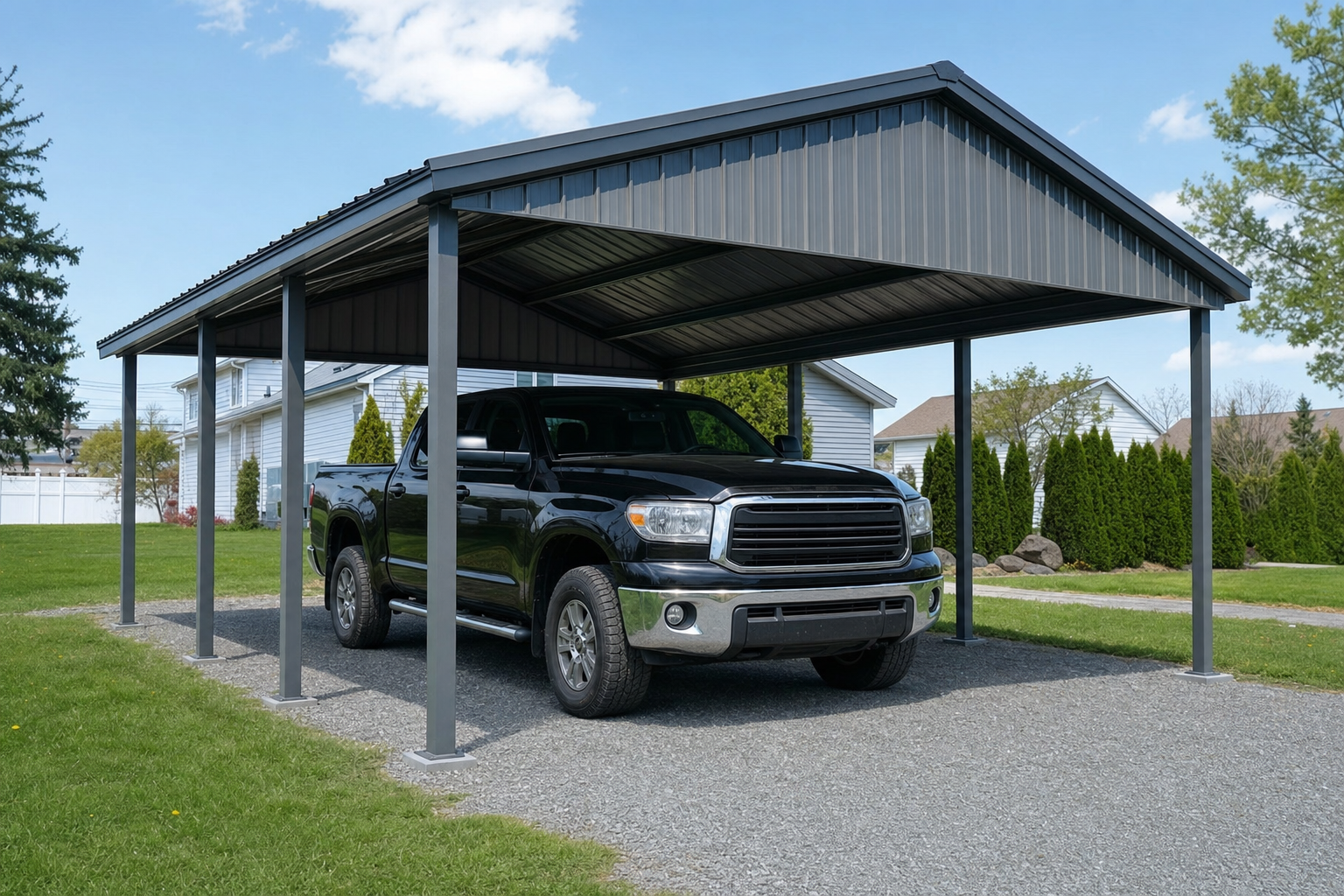 Black pickup truck parked under metal carport in suburban yard