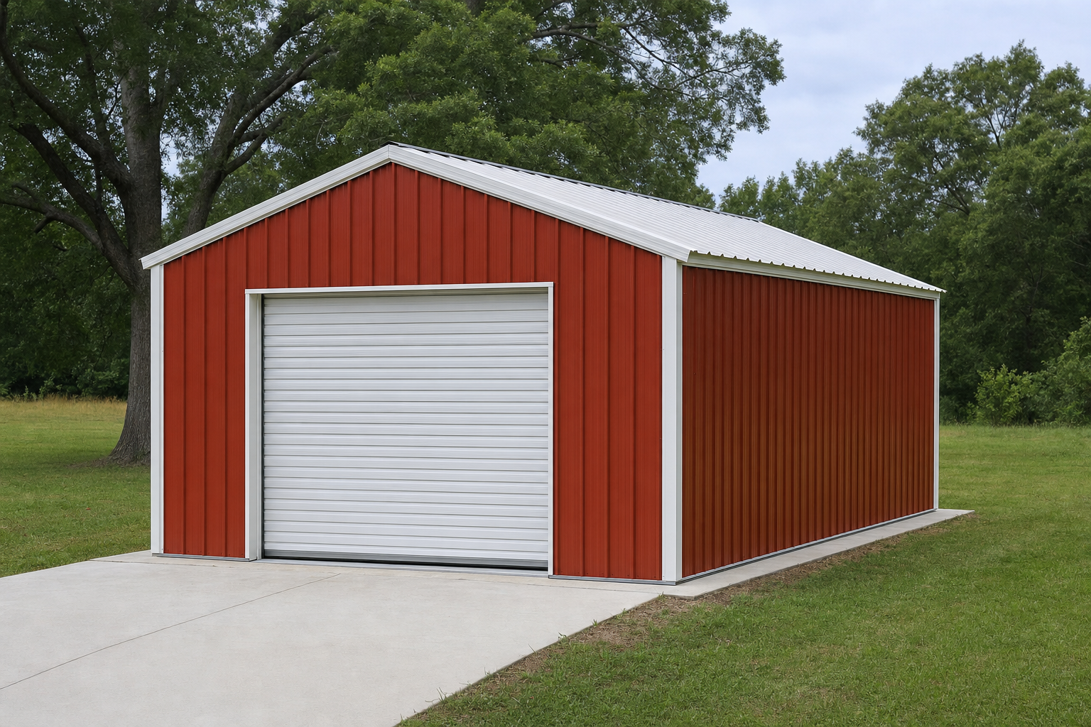 Red metal garage building with white roll-up door on green lawn