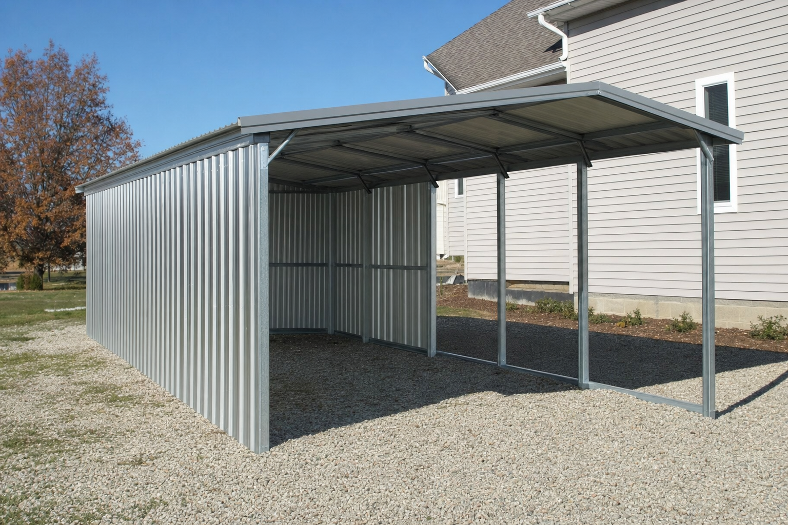 Metal carport structure next to a residential house