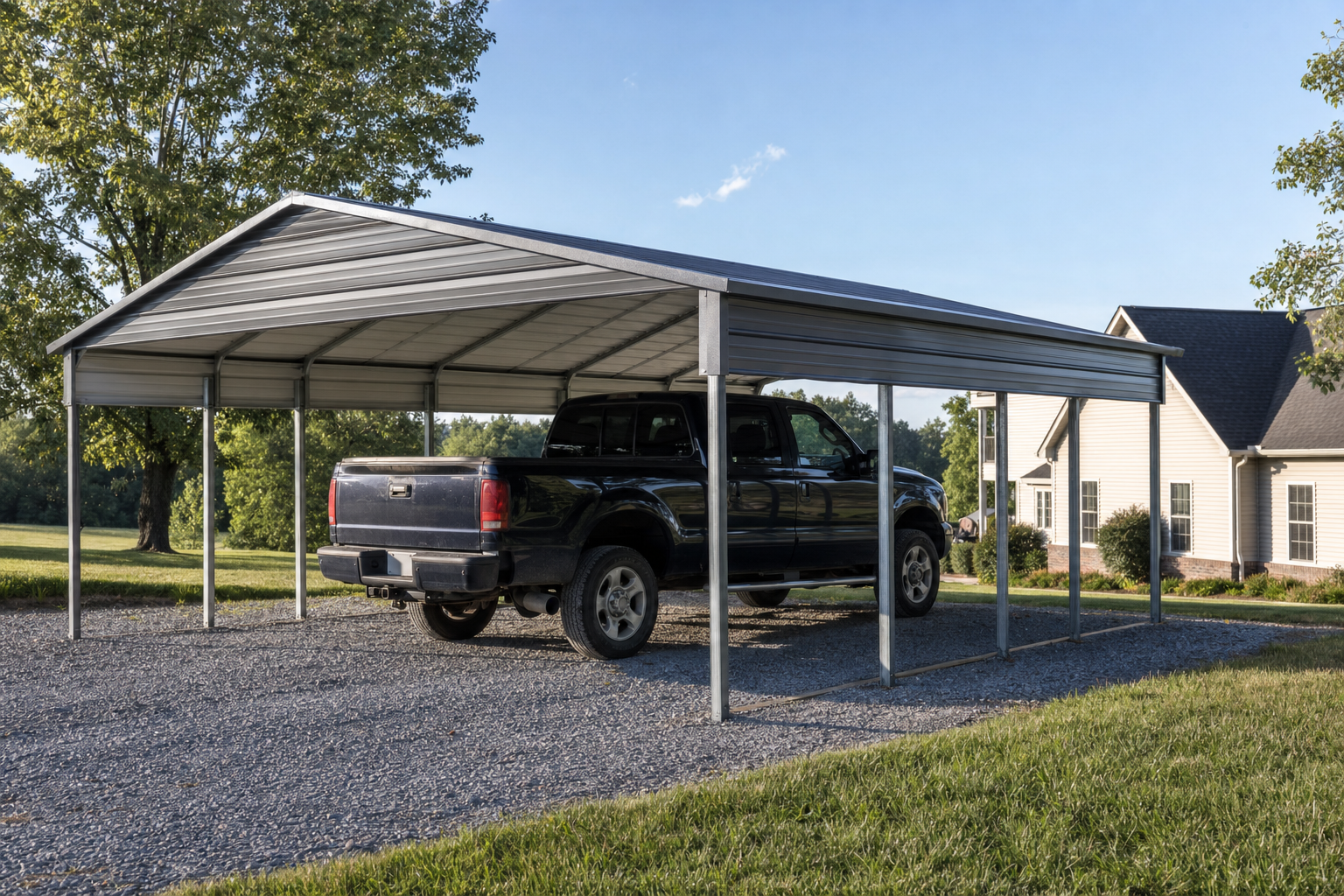 Black pickup truck parked under a metal carport