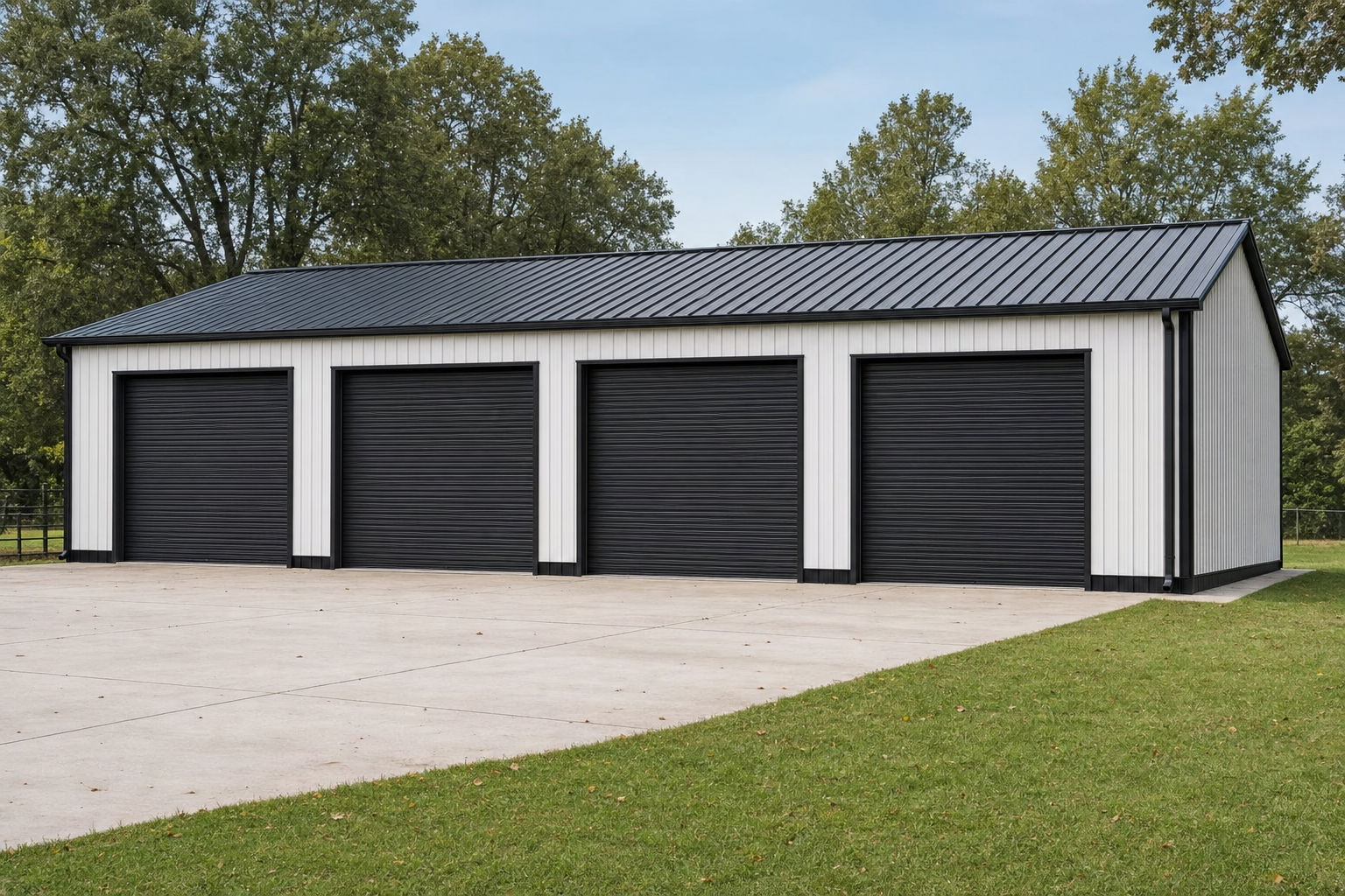 Large metal garage building with four black roll-up doors