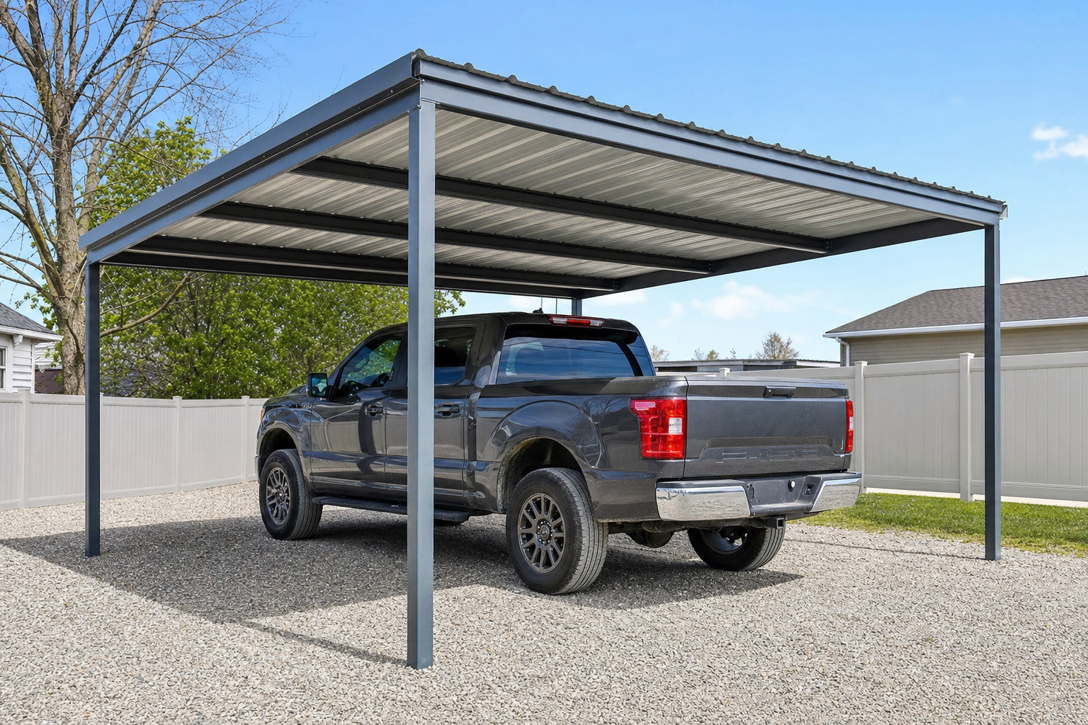 Gray pickup truck parked under metal carport structure