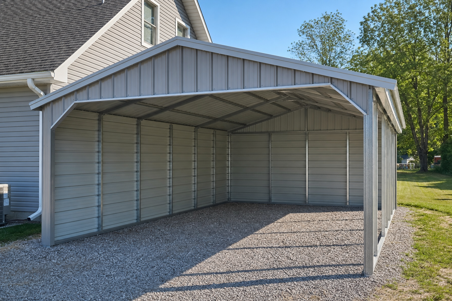 Metal carport with gabled roof next to residential home