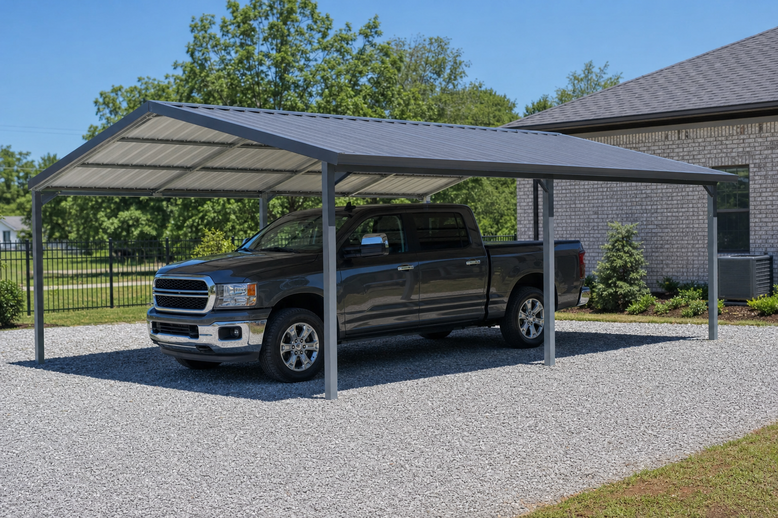 Gray pickup truck parked under metal carport on gravel driveway