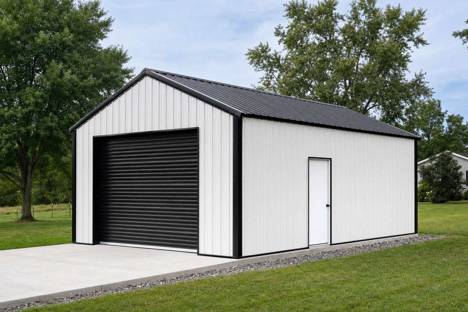 White metal garage building with dark roof and roll-up door