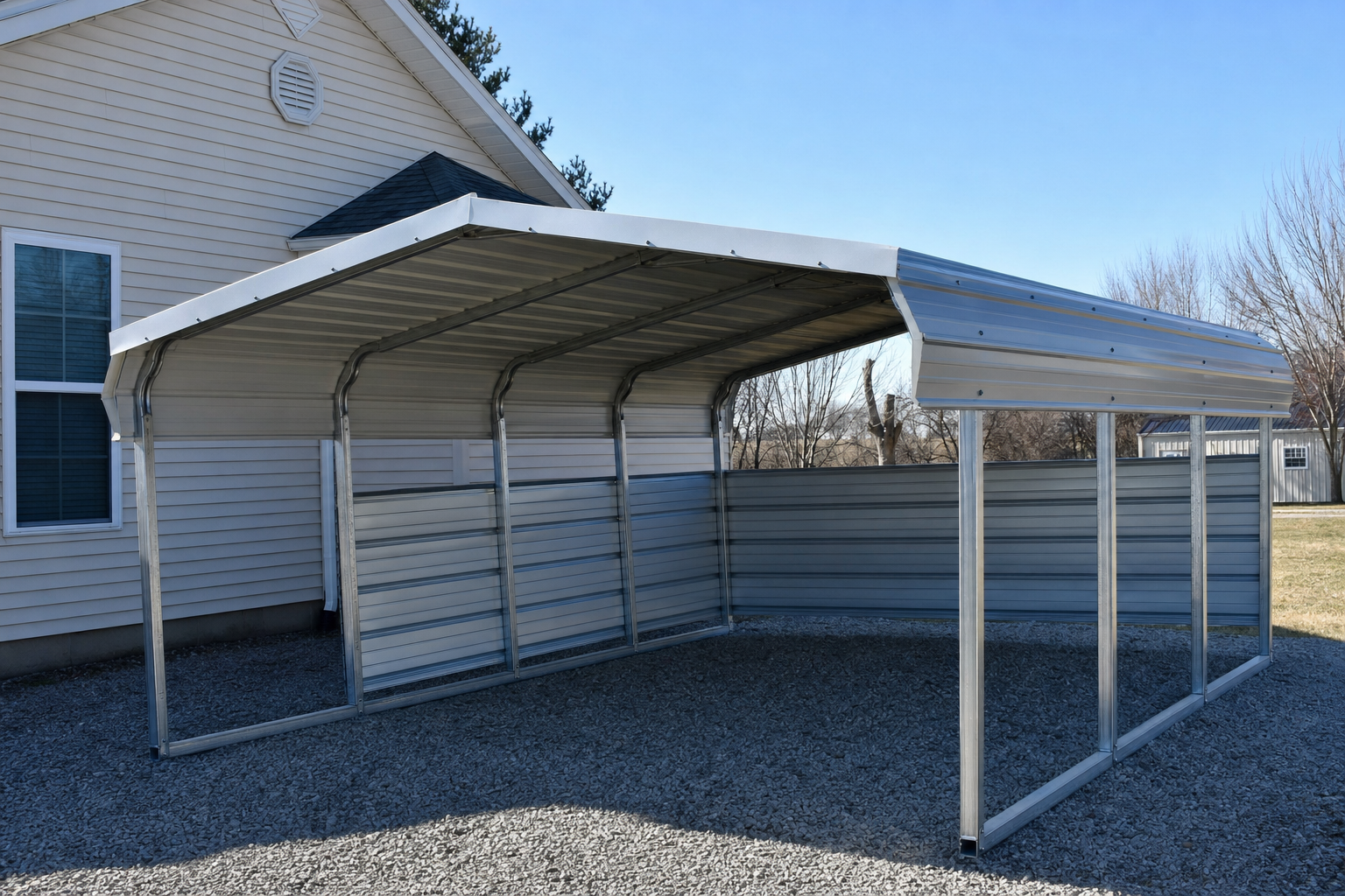 Metal carport with curved roof next to residential house