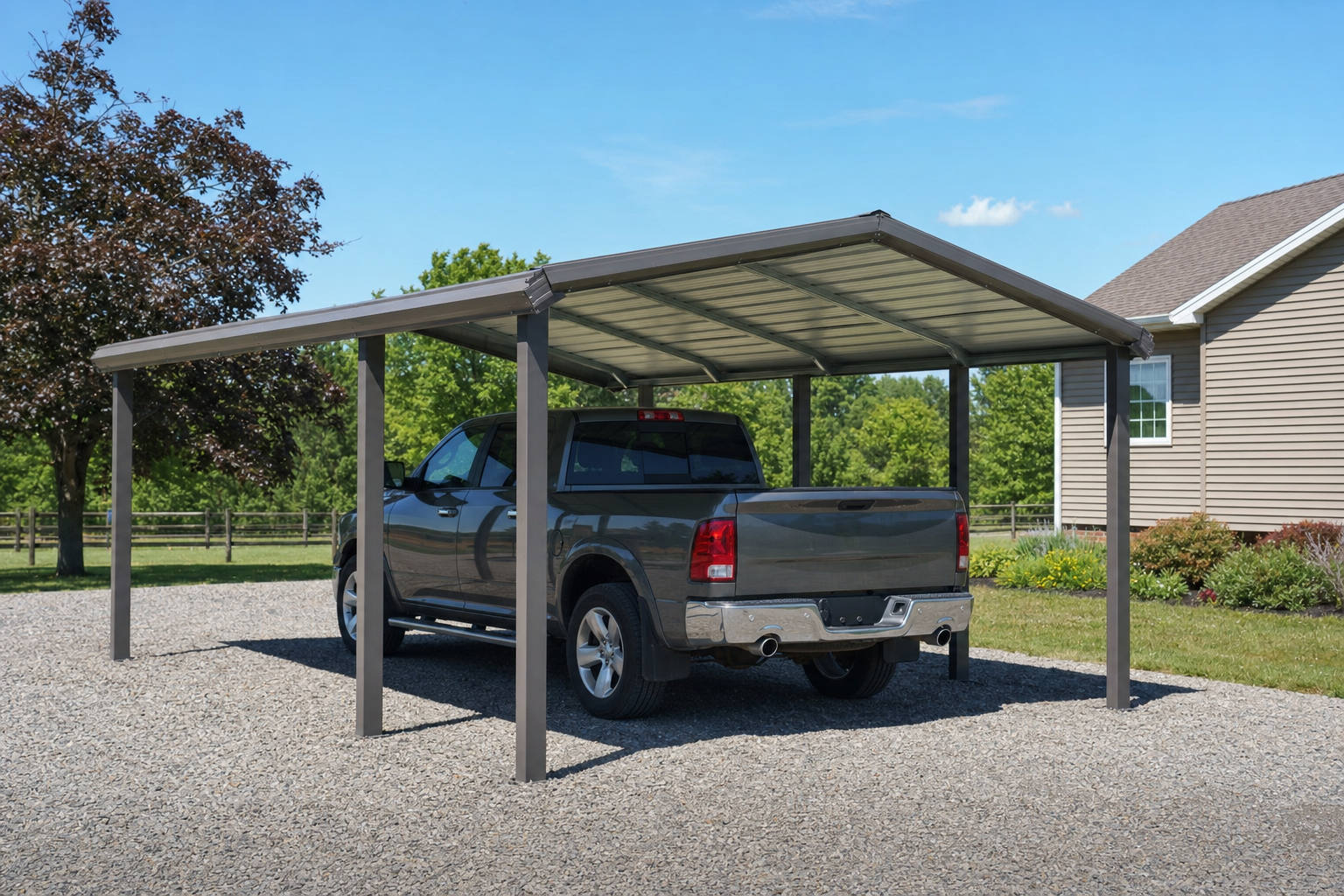 Gray pickup truck parked under metal carport on gravel driveway