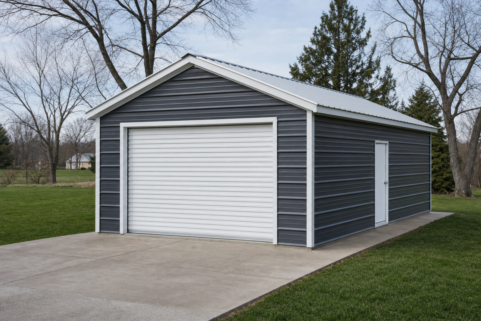 Detached gray metal garage with white door on green lawn