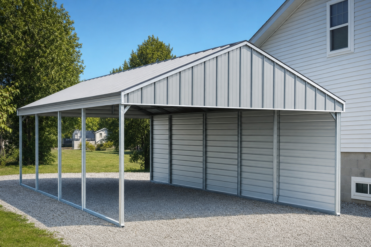 Large metal carport with gabled roof next to house