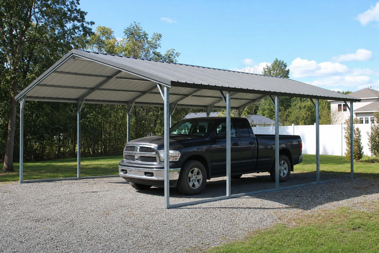 Black pickup truck parked under metal carport structure