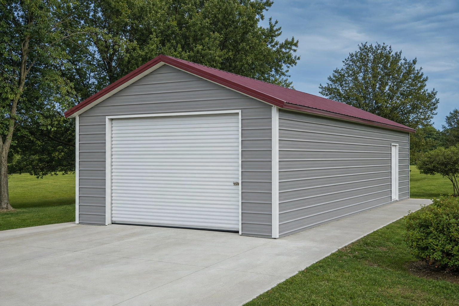 Gray metal garage with red roof and white roll-up door