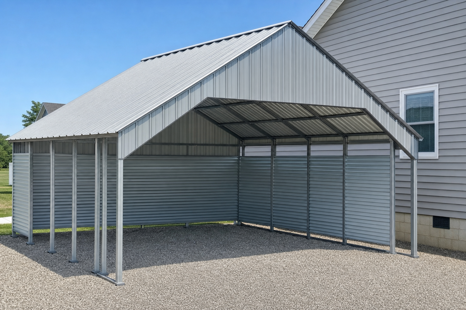 Metal carport with gabled roof attached to residential home