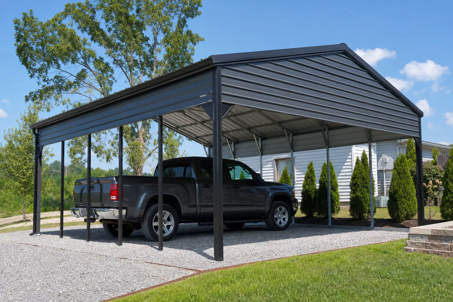 Gray metal carport sheltering a pickup truck near a house