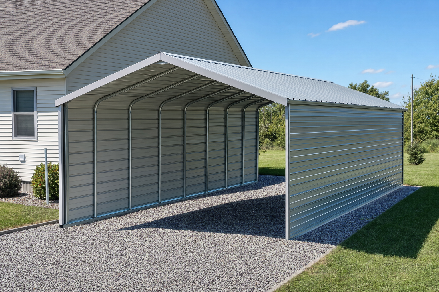 Large metal carport with open front next to residential home