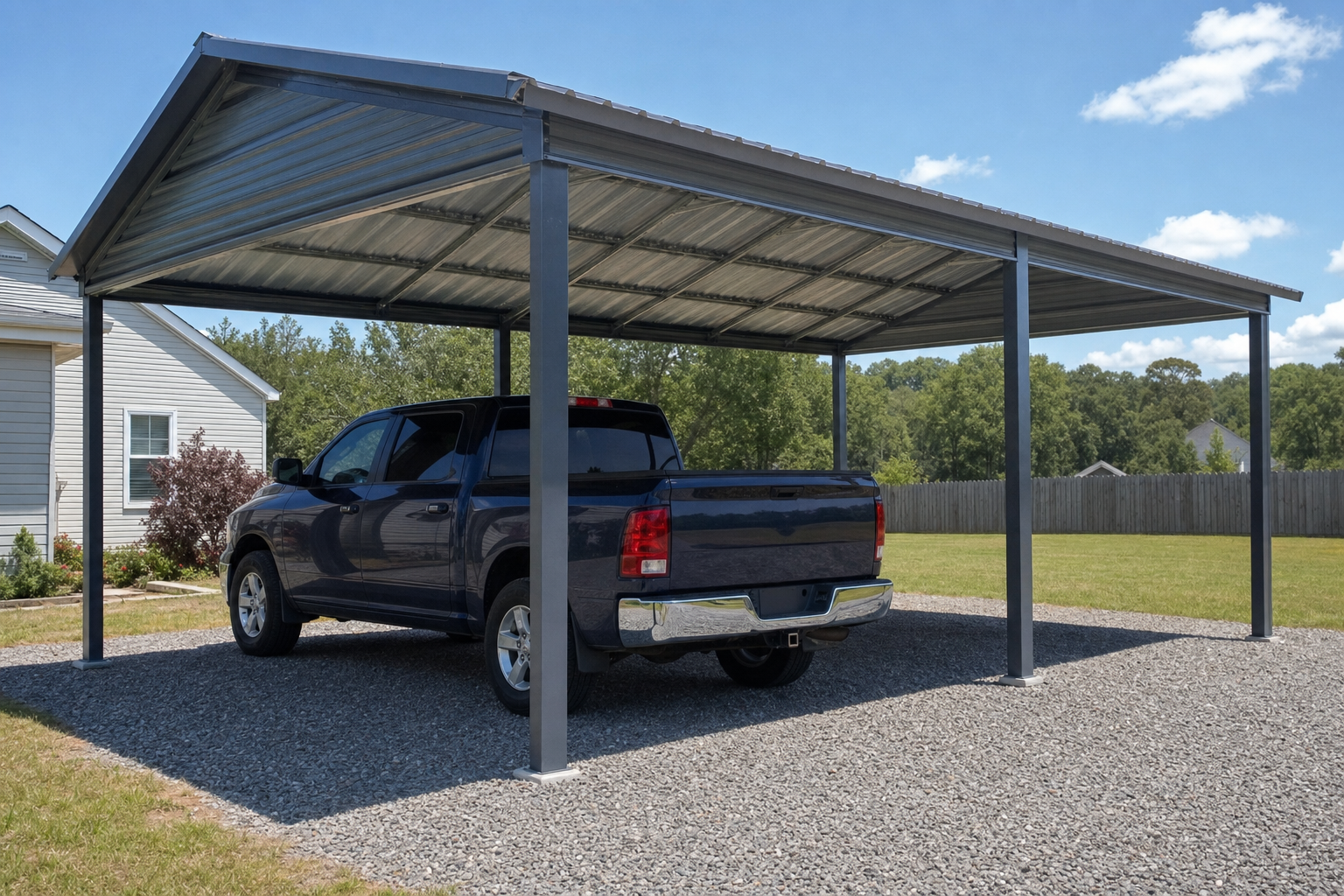 Dark blue pickup truck parked under metal carport