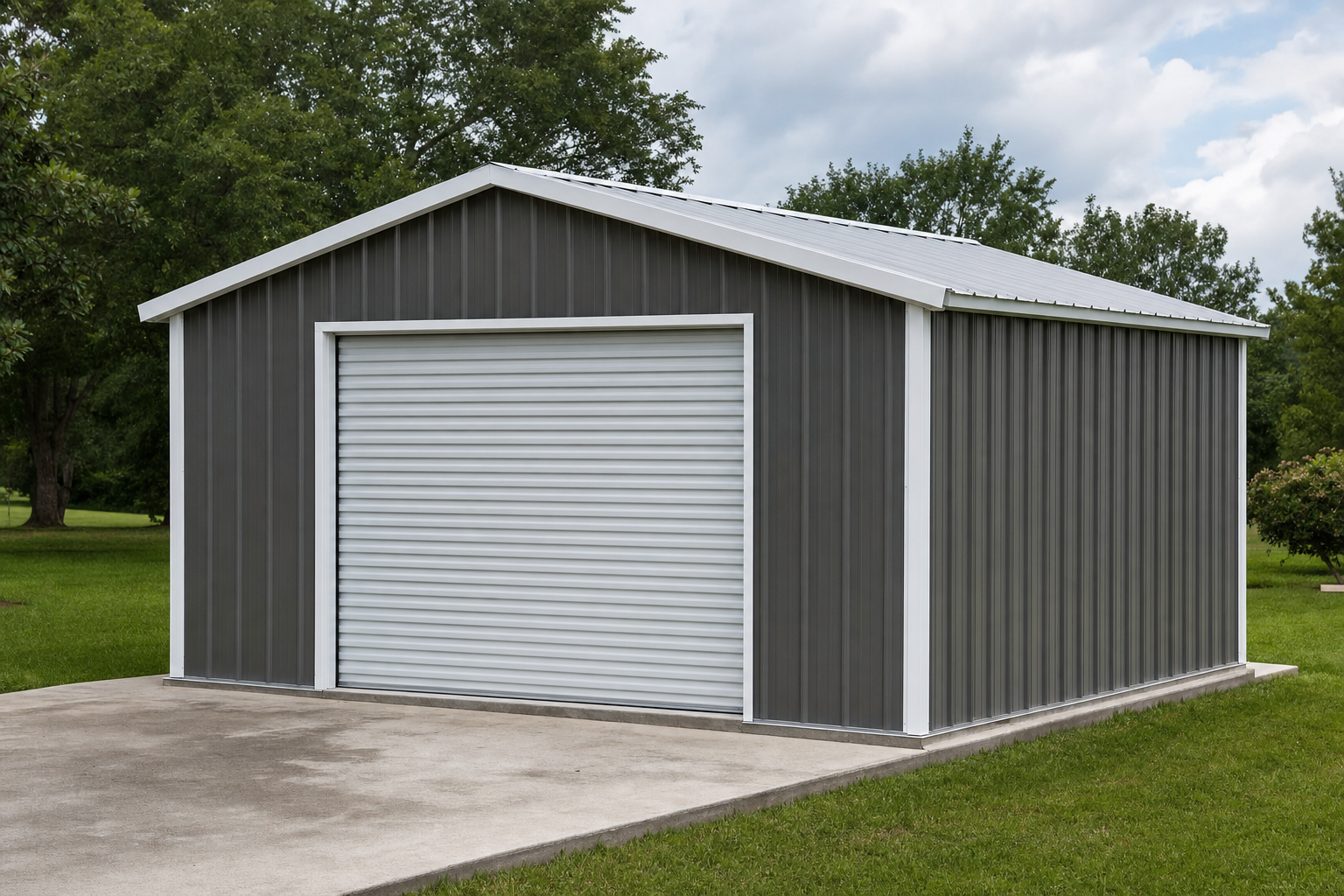 Gray metal garage building with white roll-up door