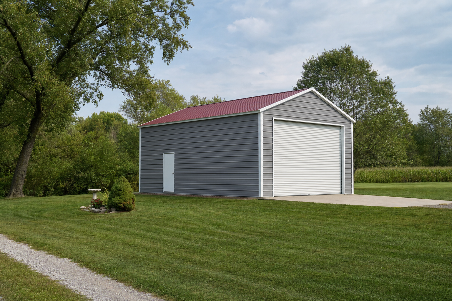 Metal garage building with red roof on green lawn