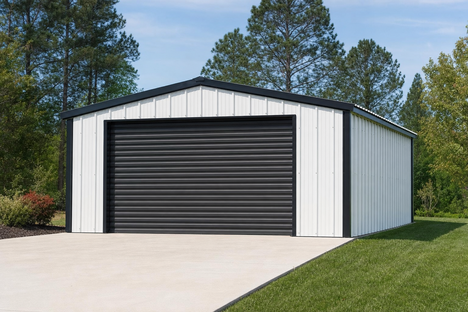 Large white metal garage with dark roll-up door