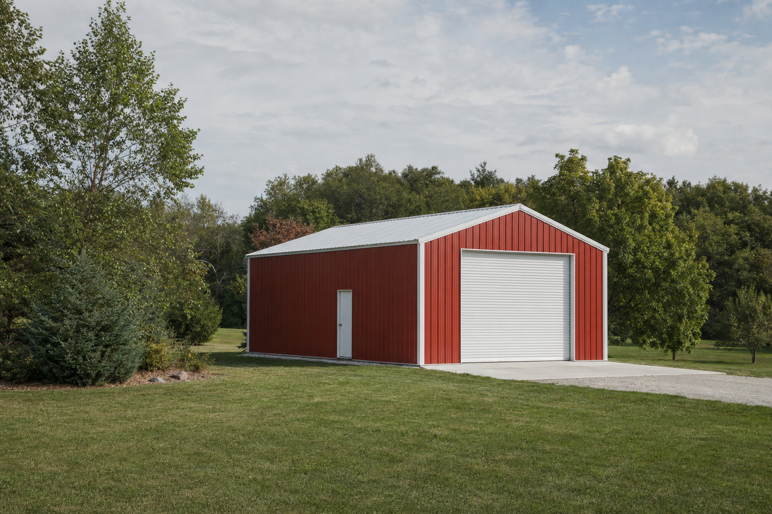 Red metal pole barn with white garage door on green lawn