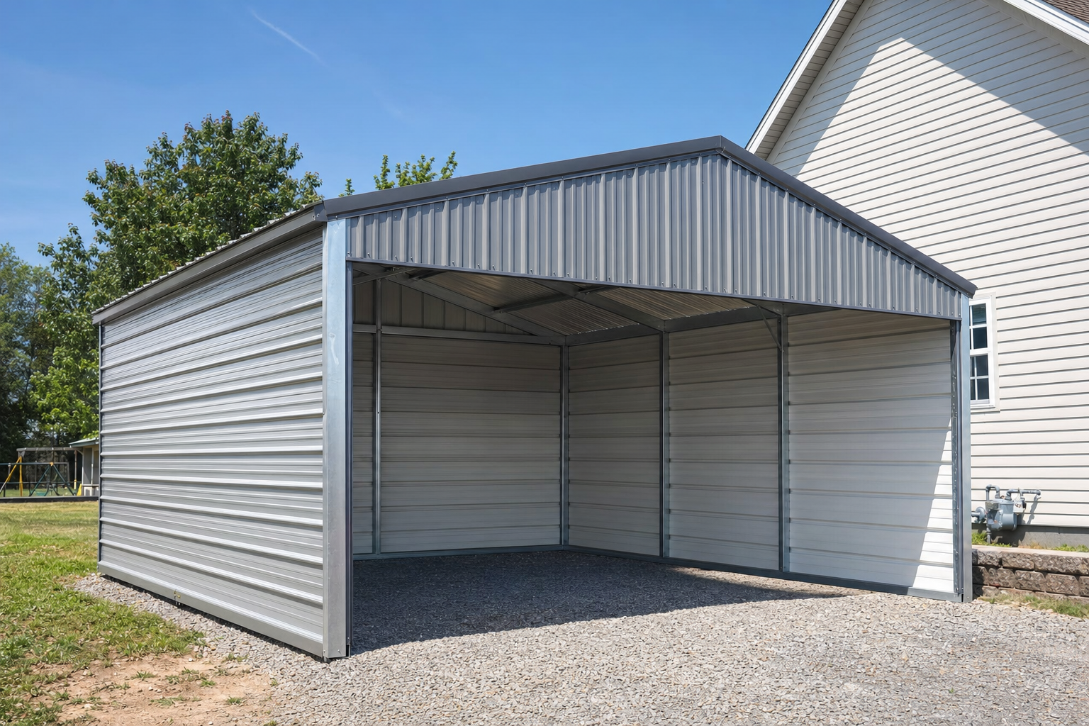 Open metal carport structure beside a residential house