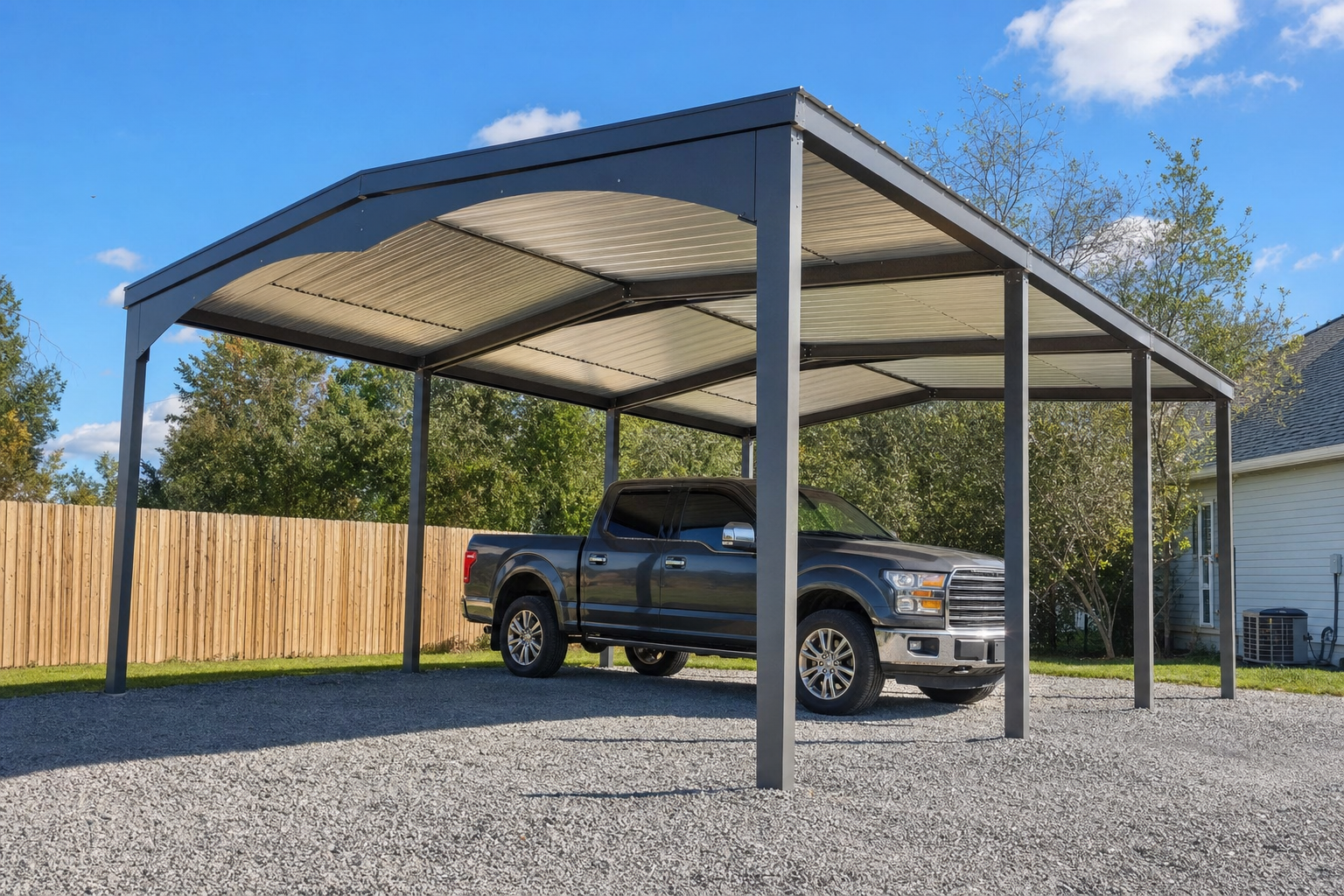 Gray pickup truck parked under metal carport on gravel